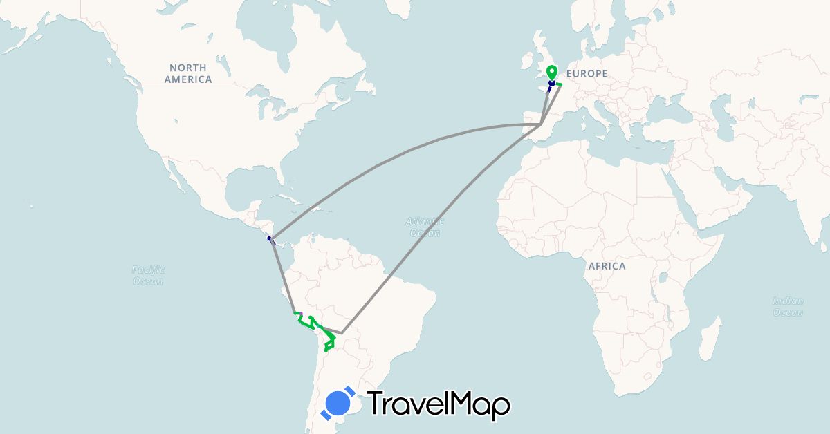 TravelMap itinerary: driving, bus, plane, train, boat in Bolivia, Costa Rica, Spain, France, Peru (Europe, North America, South America)